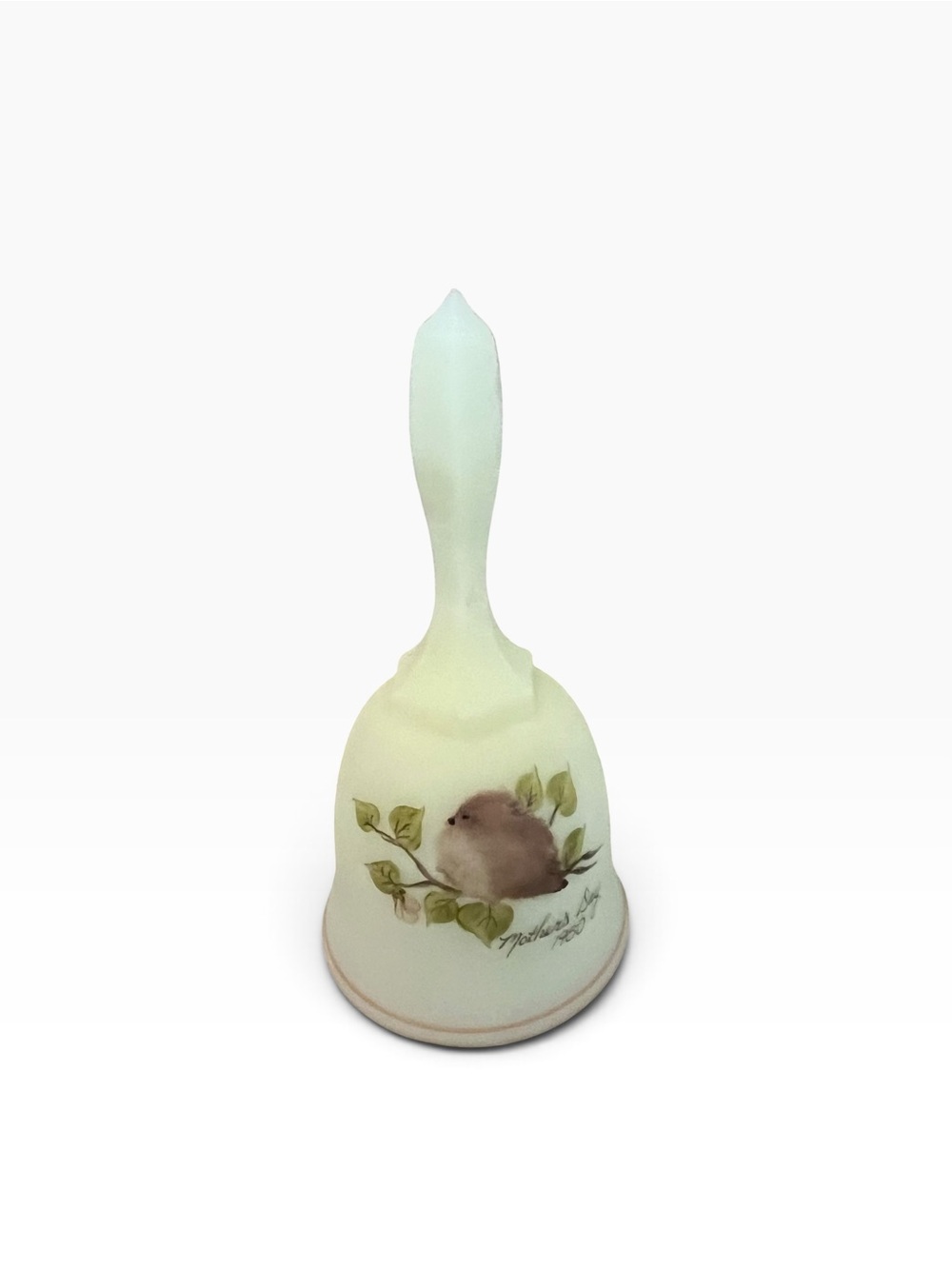 Vtg Fenton Art Glass Vaseline Bird Bell Signed by Kay Cunningham Mothers Day ‘80
